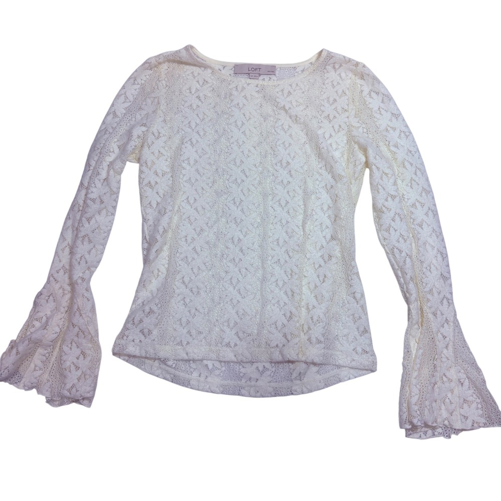 LOFT Cream Floral Lace Bell Sleeve Top MP Medium Petite Ivory Sheer Boho Blouse